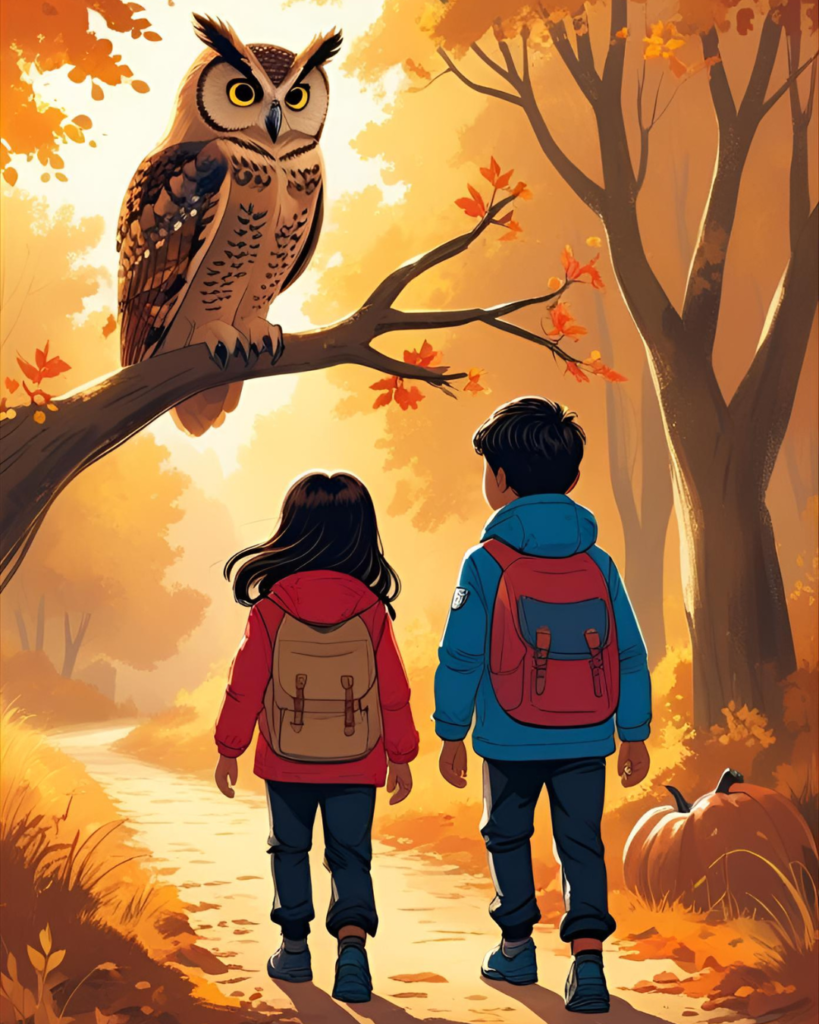 l’histoire d’une promenade enchantée sous la forêt flamboyante, où chaque pas révèle une leçon de vie, d’amitié et de respect de la nature.