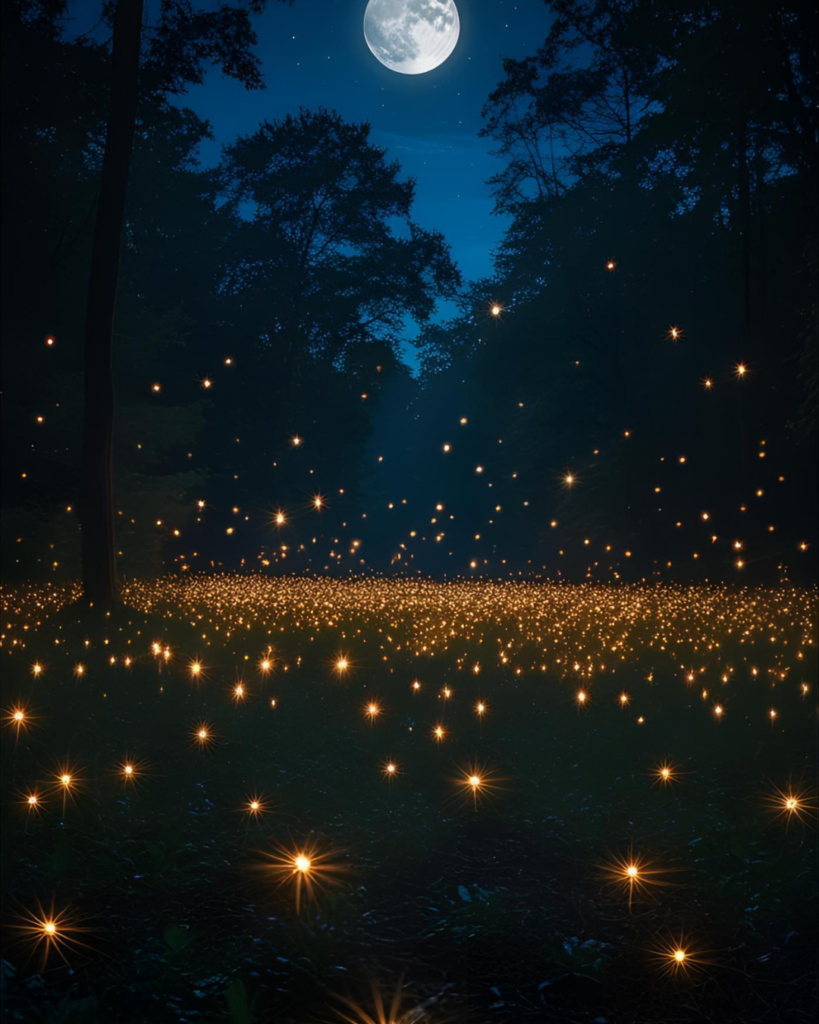 Clairière magique illuminée par les lucioles dorées dans la nuit, conte Le souffle du vent et la danse des lucioles.