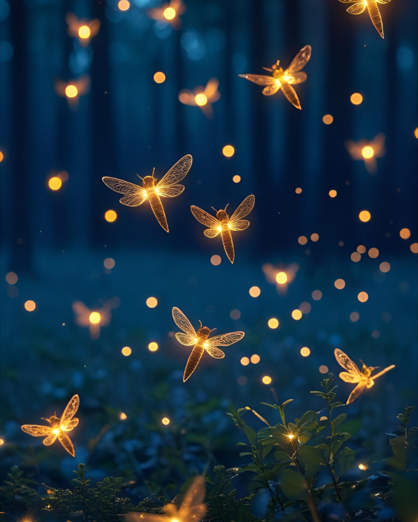 Le vent apprend à avancer doucement pour que les lucioles brillent pleinement. Illustration du conte pour enfants.
