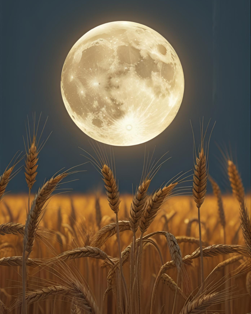 Pleine lune des Moissons au-dessus d’un champ doré d’automne