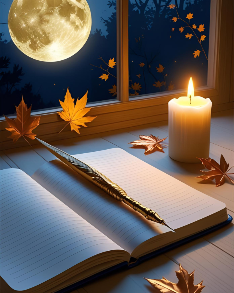Carnet et bougie pour écrire ses intentions sous la pleine lune des Moissons