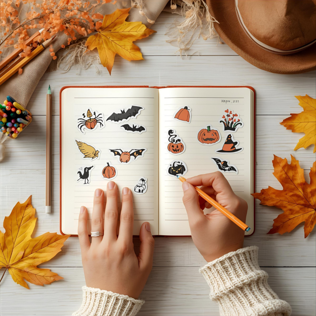 Carnet ouvert décoré avec crayons de couleur et stickers automne/Halloween, main en train de créer, ambiance créative et poétique