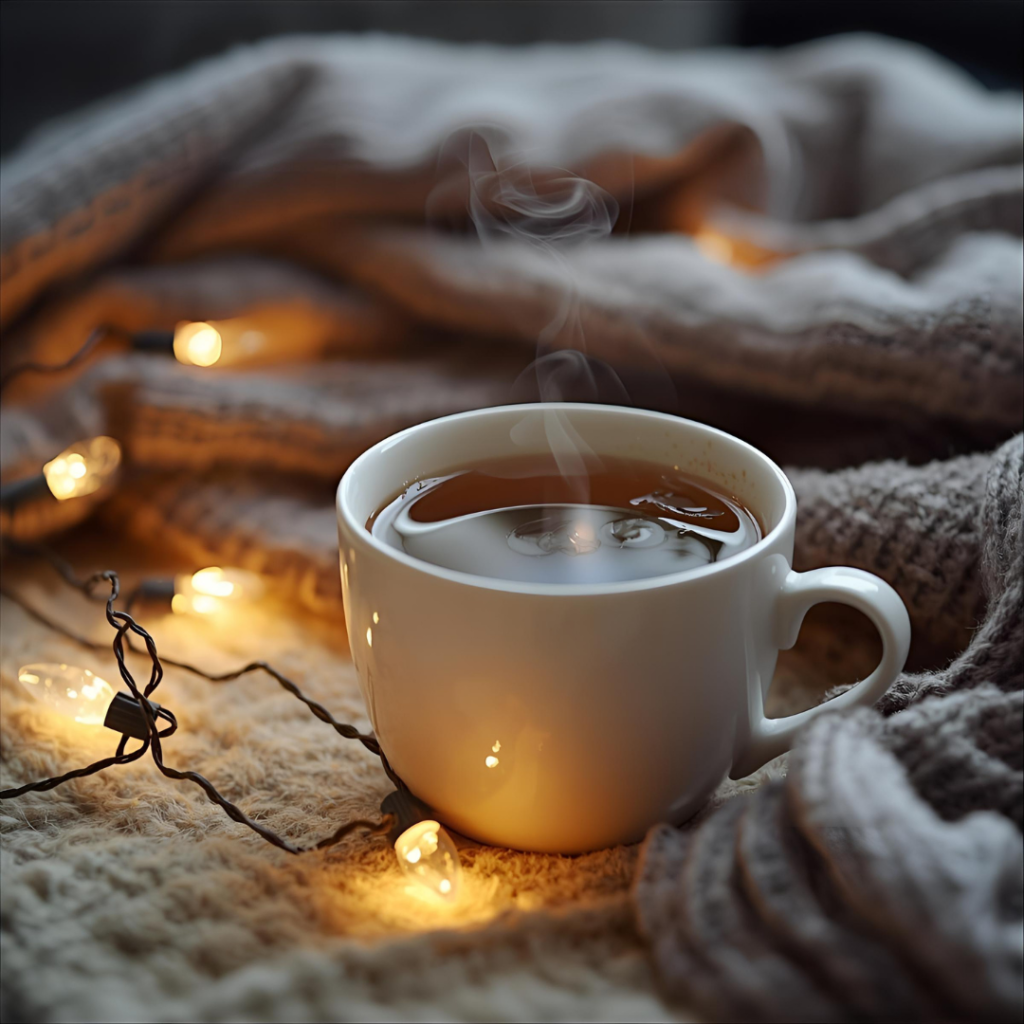 Plaid moelleux avec tasse de thé et citrouilles d’Halloween, atmosphère cosy et chaleureuse