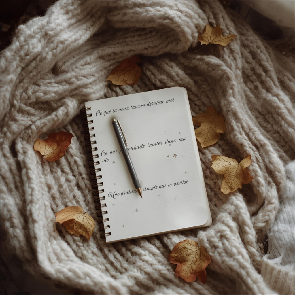 Carnet ouvert avec stylo et feuilles d’automne, ambiance journaling automnal et créatif