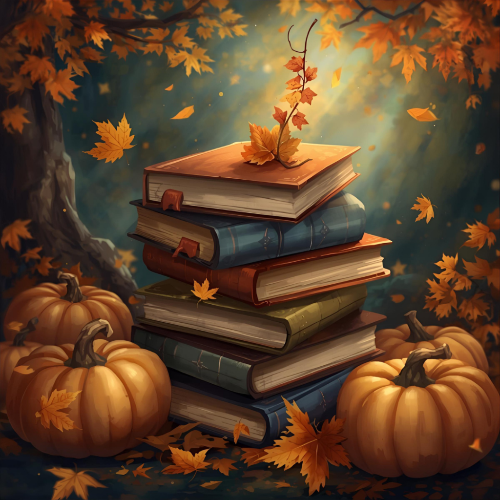 Livre ouvert décoré de citrouilles lumineuses, ambiance lecture magique d’Halloween