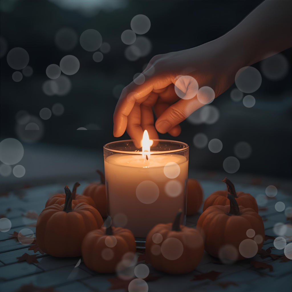 Bougie allumée entourée de citrouilles et décor automnal, rituel Halloween doux et poétique