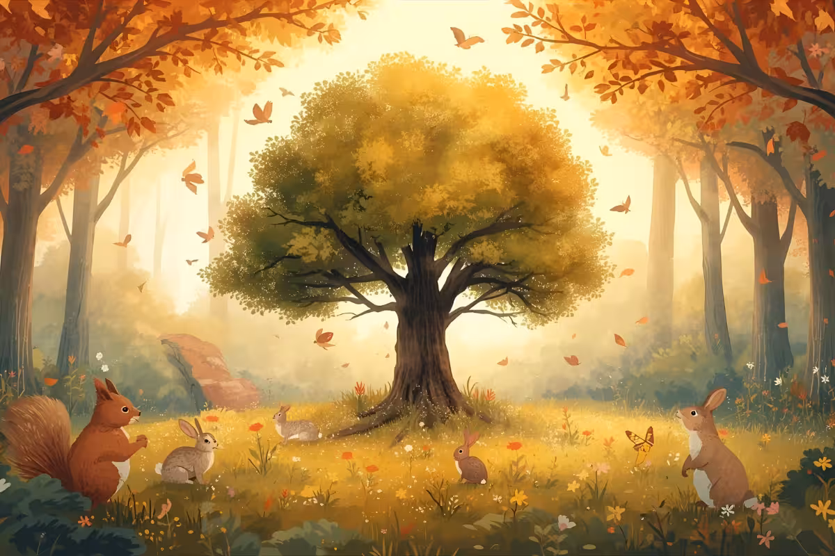 Découvre Le Petit Chêne et le Trésor Oublié, un conte poétique sur l'amitié, la bonté et la gratitude. Une belle histoire nature pour enfants à lire en famille.