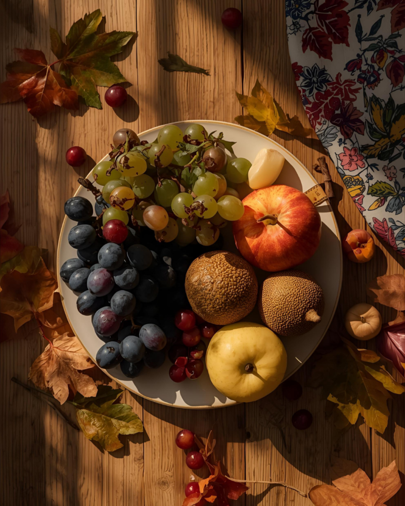 art-rituels-mi-saison-alimentation Assiette automnale avec fruits et légumes de saison, lumière chaleureuse, symbolisant ajustement des repas et activités.