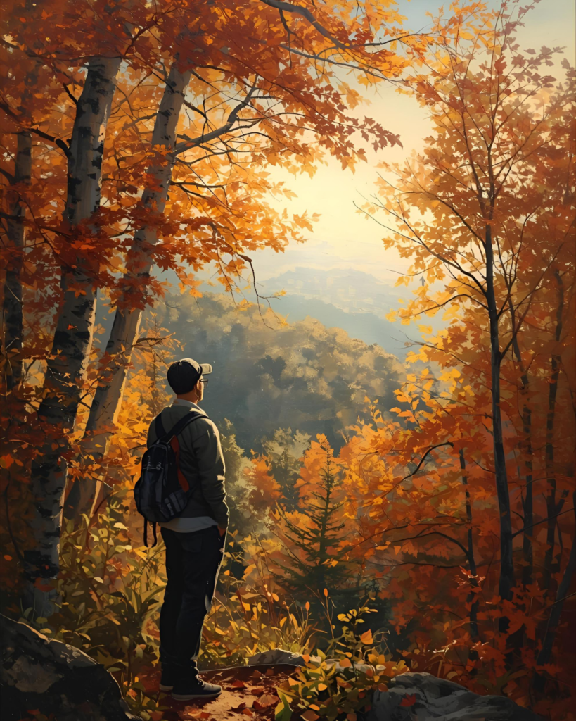 art-rituels-mi-saison-observer Personne observant la nature en automne, lumière douce, symbolisant l’ancrage et l’attention aux changements de saison.