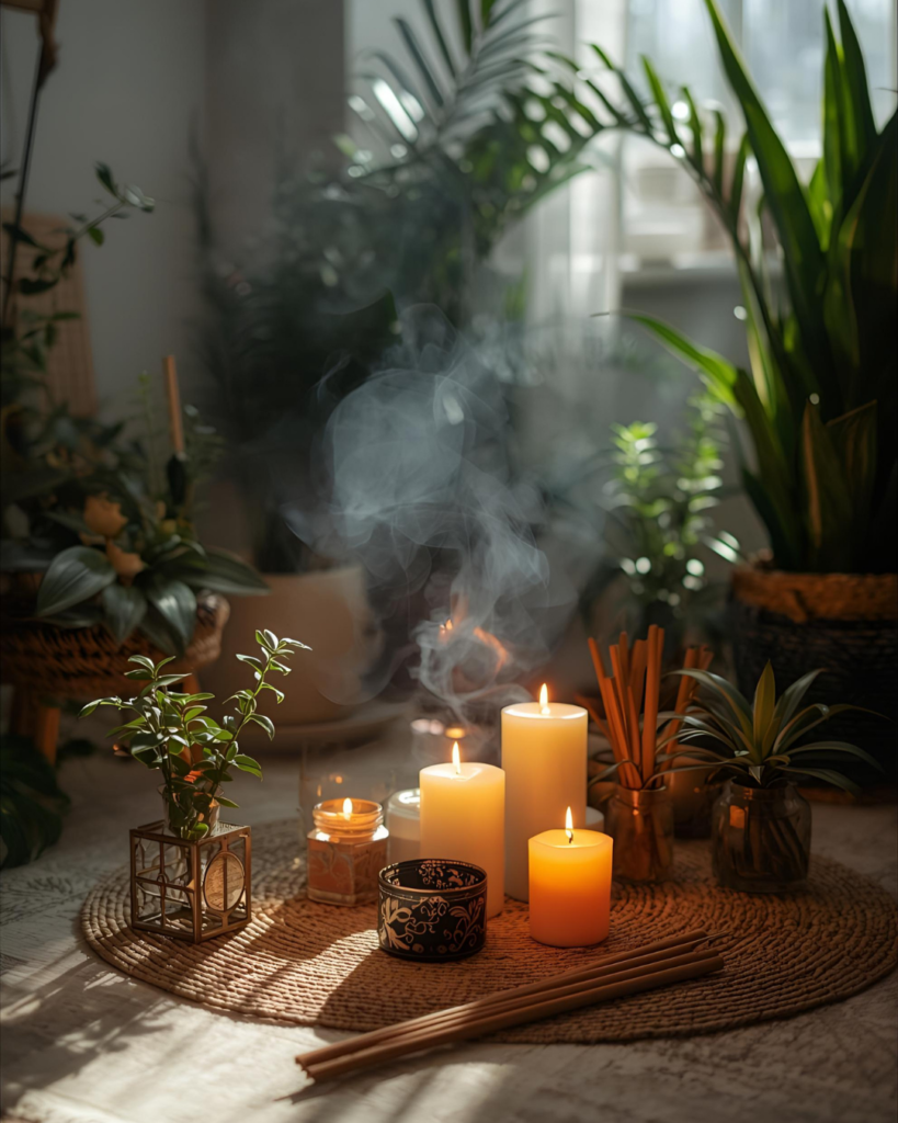 art-rituels-mi-saison-purifier Intérieur rangé et décoré avec encens et plantes, ambiance de purification et réorganisation de l’espace.