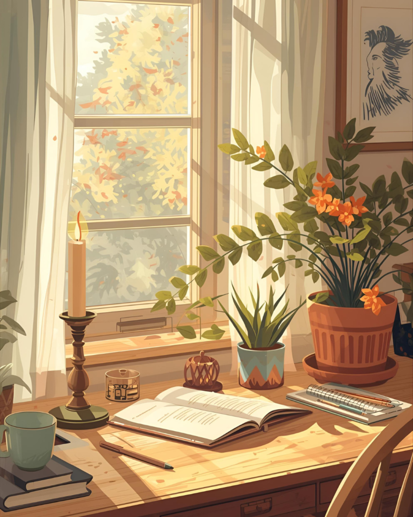 bien-etre-automnal-espace-travail-rituel-concentration Bureau rangé avec bougie allumée et plante verte, coin de lecture apaisant, ambiance automnale propice à la concentration.