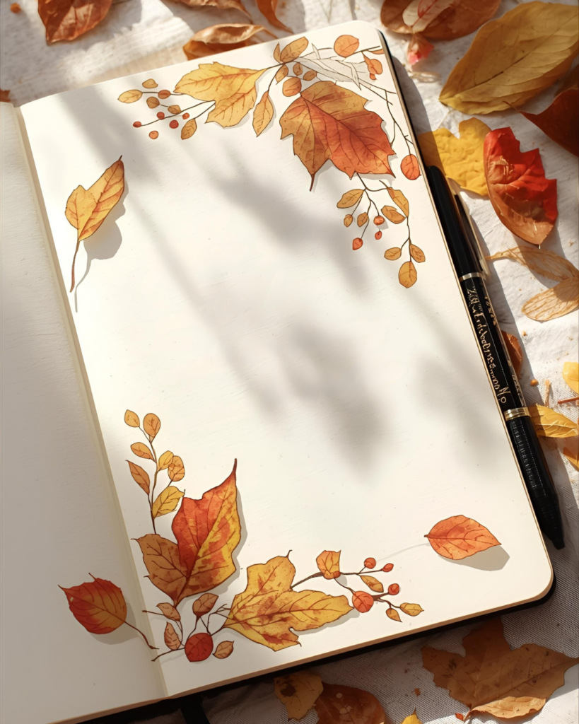 bien-etre-automnal-journal-ecriture-concentration Carnet ouvert avec feuilles séchées et stylo, notes automnales pour organiser ses pensées et cultiver la concentration.