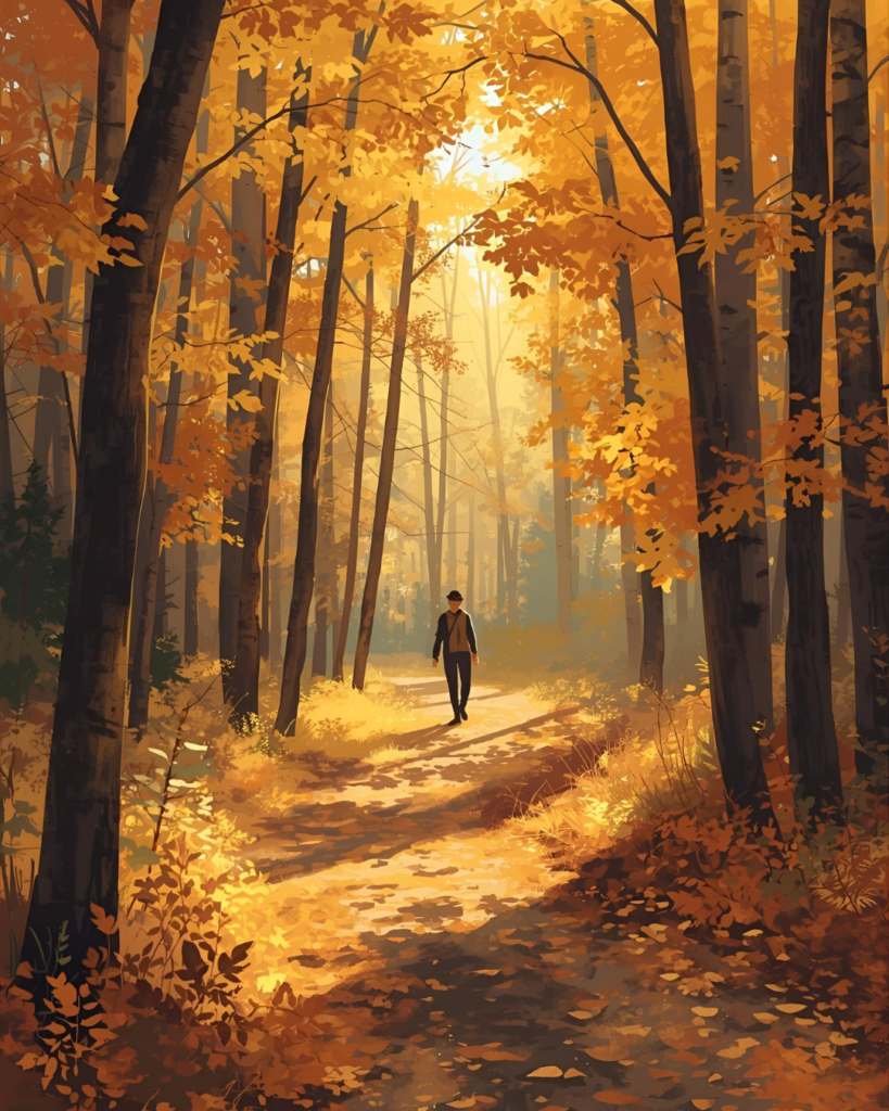 bien-etre-automnal-marche-nature-foret-concentration Personne marchant dans une forêt aux couleurs d’automne, feuilles dorées au sol, marche relaxante pour se recentrer.
