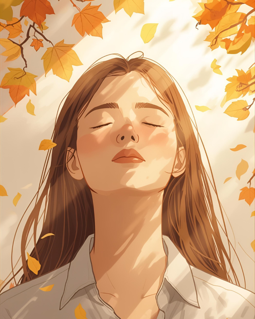 bien-etre-automnal-pauses-conscientes-respiration Personne fermant les yeux et respirant profondément, lumière douce et ambiance automnale pour renforcer concentration et clarté d’esprit.