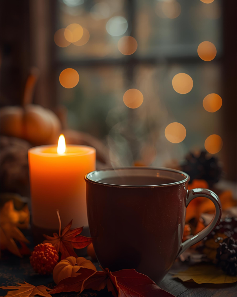 bien-etre-automnal-petits-rituels-tisane-bougie Tasse de tisane chaude fumante, bougie allumée, ambiance cosy et automnale favorisant la détente et le bien-être.