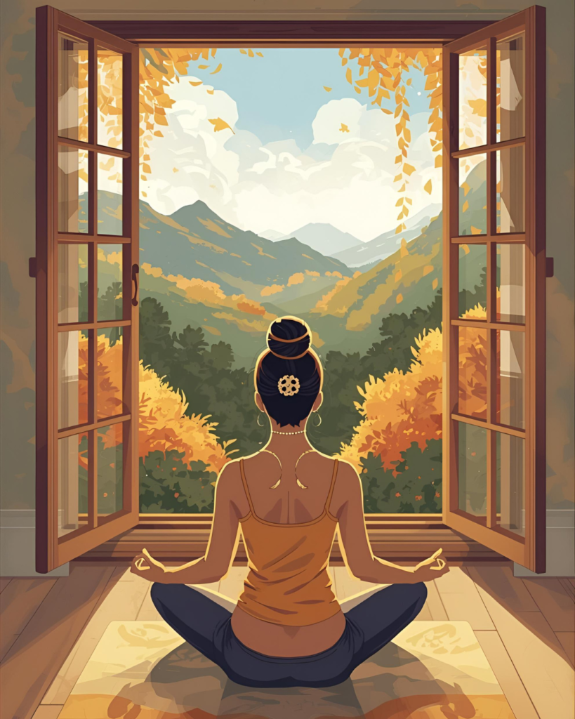 bien-etre-automnal-respirations-conscientes-concentration Personne assise en méditation respirant profondément devant une fenêtre avec vue sur la nature automnale, ambiance calme et sereine.