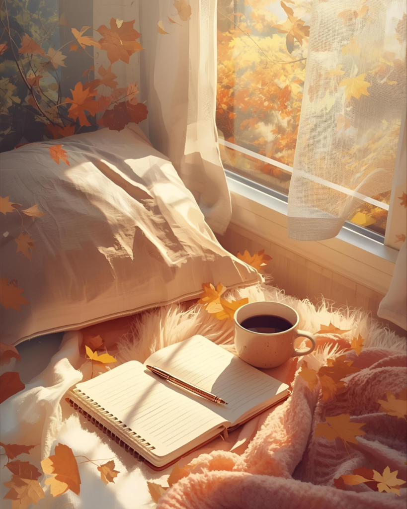 bien-etre-automnal-rythme-naturel-concentration Fenêtre illuminée par la lumière du jour, carnet et tasse sur une table, espace calme et cosy pour travailler en automne.