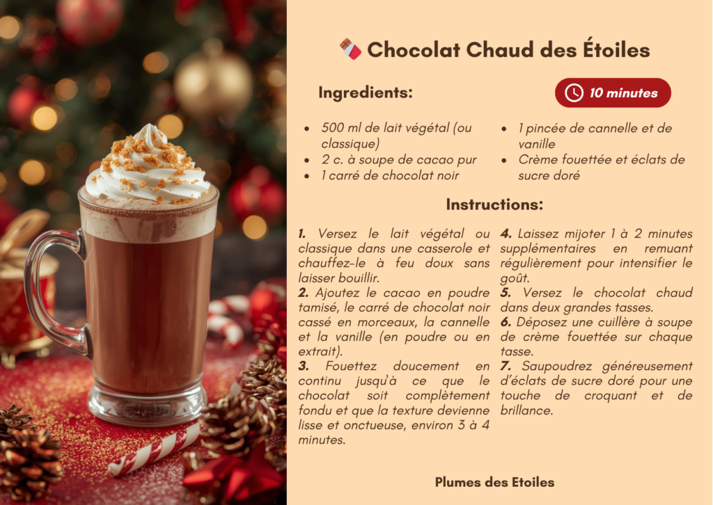 Un chocolat chaud crémeux et réconfortant, saupoudré de magie et d’étoiles, pour illuminer les soirées d’hiver.