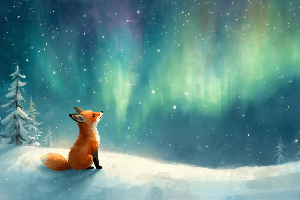 Le renard et la lumière des aurores boréales