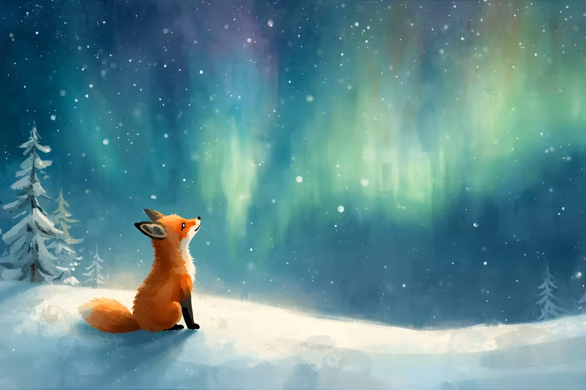 Suis un renard courageux dans sa quête des aurores boréales. Un conte poétique d'hiver sur la lumière intérieure, le courage et l'émerveillement, à lire en famille.