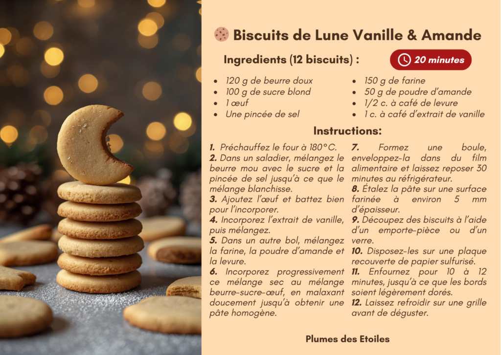 Biscuits-Lune-Vanille-et-Amande Des biscuits moelleux et parfumés à la vanille et aux amandes, parfaits pour un goûter hivernal sous la lumière de la lune.