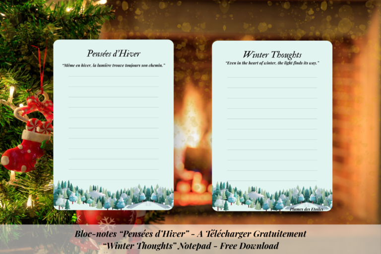 Bloc-notes “Pensées d’Hiver” : une page douce et poétique pour écrire tes idées, pensées et inspirations durant la saison hivernale.