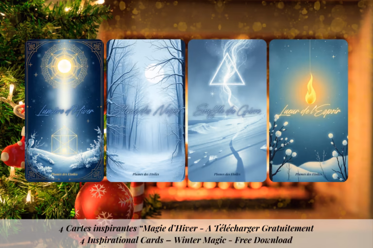 Télécharge 4 cartes inspirantes “Magie d’Hiver” : douceur, guidance et poésie pour t’accompagner en décembre. Version PDF offerte.