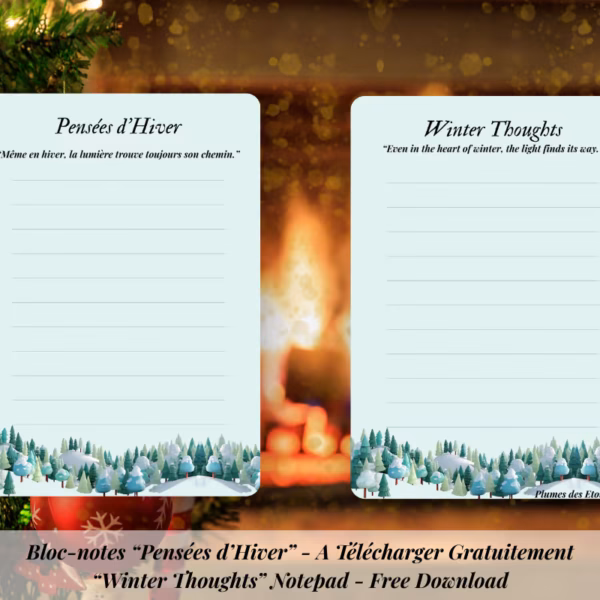 Télécharge le bloc-notes Pensées d’Hiver : une page douce et poétique pour écrire tes idées, pensées et inspirations durant la saison hivernale.