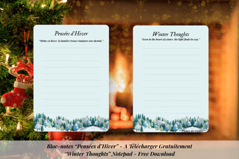 Télécharge le bloc-notes Pensées d’Hiver : une page douce et poétique pour écrire tes idées, pensées et inspirations durant la saison hivernale.