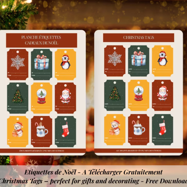 Étiquettes cadeaux de Noël à imprimer : une planche délicate pour sublimer tes présents, ajouter une touche magique et célébrer l’esprit des fêtes.