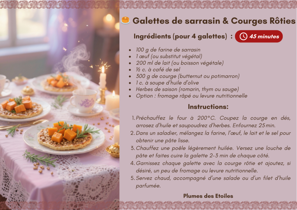 Recette-Galettes-sarrasin-courge-rôtie-fr Des galettes de sarrasin dorées et croustillantes, garnies de courge rôtie fondante et parfumée, idéales pour un repas réconfortant et gourmand. Recette simple, végétarienne et magique.