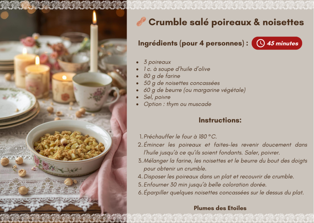 Recette-crumble-salé-poireaux-noisettes-fr Un crumble salé fondant et croustillant à base de poireaux et de noisettes, parfait pour un repas végétarien chaleureux et gourmand.