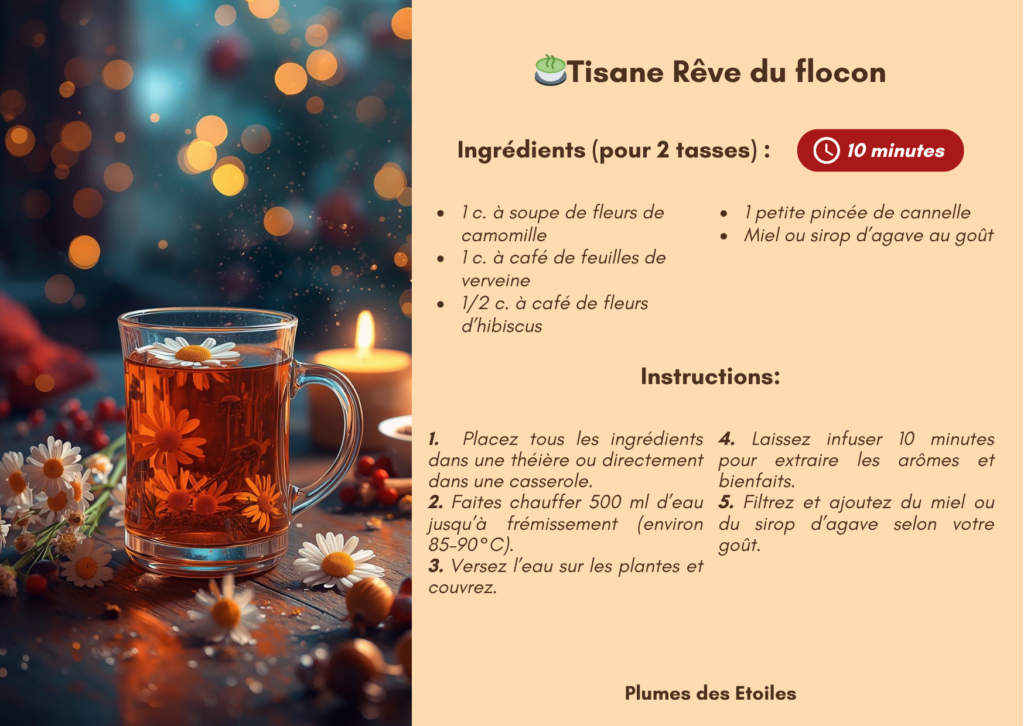 Une tisane douce et réconfortante qui enveloppe l’hiver de chaleur et de poésie, parfaite pour se détendre.