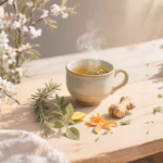 Tisane rituelle de renouveau aux plantes ancestrales (romarin, verveine, gingembre, orange) pour accompagner les nouveaux départs, soutenir l’énergie vitale et traverser les transitions en douceur.