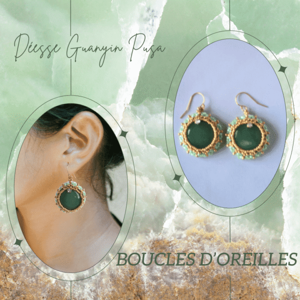 Boucles d'oreilles artisanales Guanyin Pusa, pièces uniques. Aventurine verte, perles Miyuki, gold filled. Spirituel. Déstockage limité.