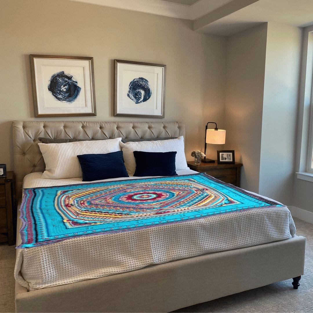 Couverture mandala au crochet • Artisanat d'art • Fait main • Unique. Pièce textile artisanale 140×140cm. Matériaux certifiés Oeko-Tex. Découvre-la dès maintenant.