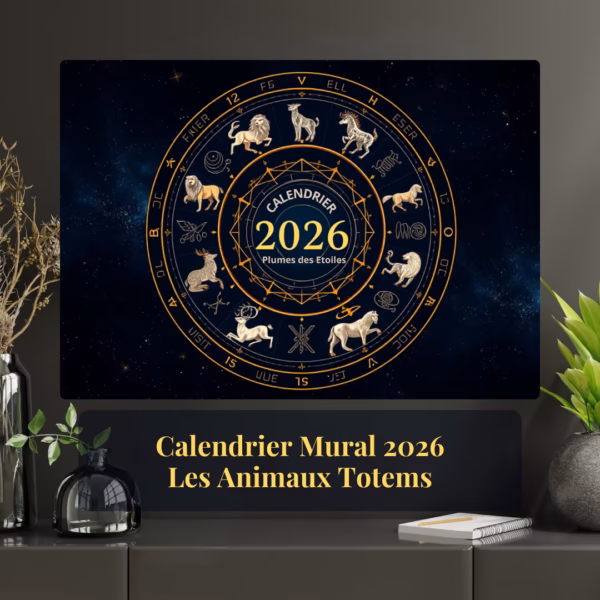 📆 Calendrier mural 2026 avec 12 animaux totems, cycles lunaires et espaces d'intentions. Illustrations mystiques, messages spirituels & bonus fonds d'écran. Idéal pour méditation et organisation. Téléchargement instantané.