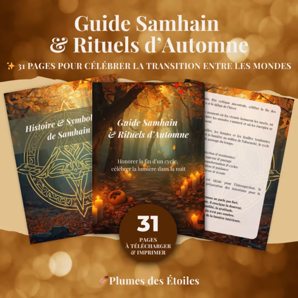 🍂 Guide digital pour célébrer Samhain — rituels de libération, hommage aux ancêtres, recettes automnales & pages de journaling. Idéal pour débutants. Téléchargement instantané.