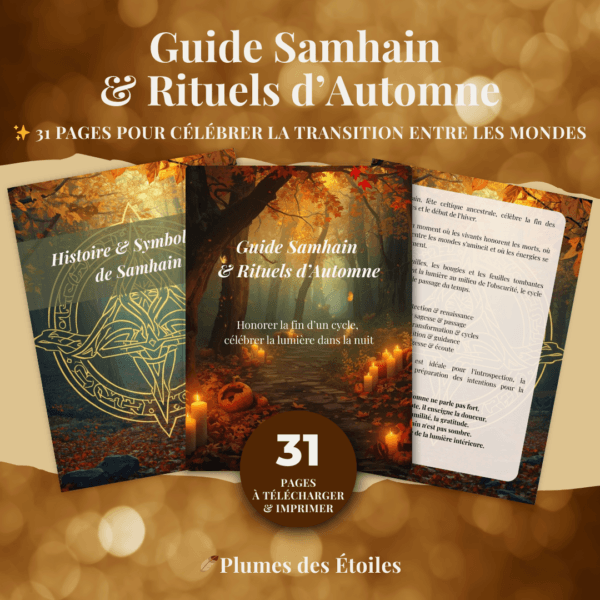 🍂 Guide digital pour célébrer Samhain — rituels de libération, hommage aux ancêtres, recettes automnales & pages de journaling. Idéal pour débutants. Téléchargement instantané.