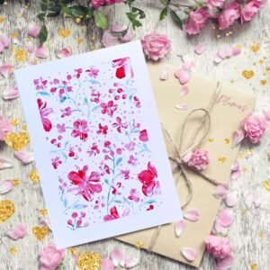 Carte peinte à la main — romance aquarelle florale, vernie, enveloppe blanche. Création artisanale FSC & ACMI. Cadeau unique et précieux.