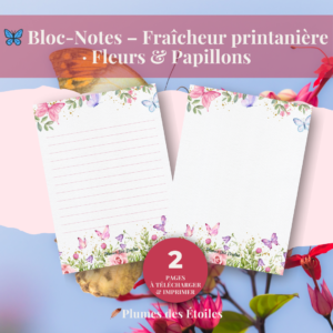 🦋 Un bloc-notes digital A6 aux fleurs et papillons printaniers, pour noter tes idées avec légèreté et optimisme.🦋