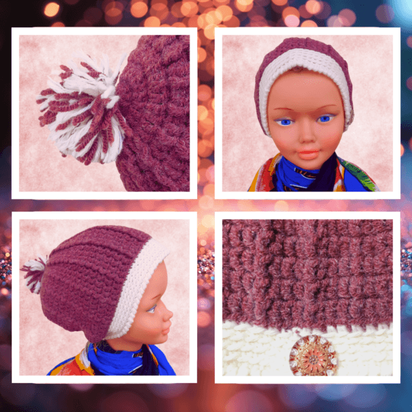 Bonnet crochet artisanal bicolor blanc crème et parme. Pièce unique, bouton verre, pompon bicolore. Chaud, élégant et vintage.
