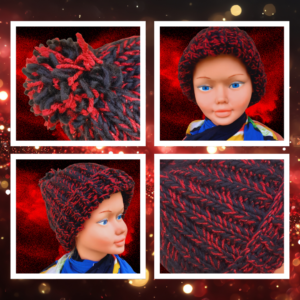 Bonnet crochet artisanal en rouge, noir et fil métallisé. Pièce unique, chaleureux et élégant au caractère affirmé, pensée pour un hiver urbain, audacieux et contemporain.