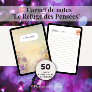 🌸 Carnet de notes digital • Le Refuge des Pensées • 50 pages lignées • Papeterie poétique à imprimer. Idéal pour journaling, introspection et écriture libre. Télécharge-le dès maintenant.