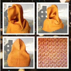Écharpe-capuche artisanale au crochet, jaune lumineux et touches rosées. Pièce unique, douce, polyvalente.