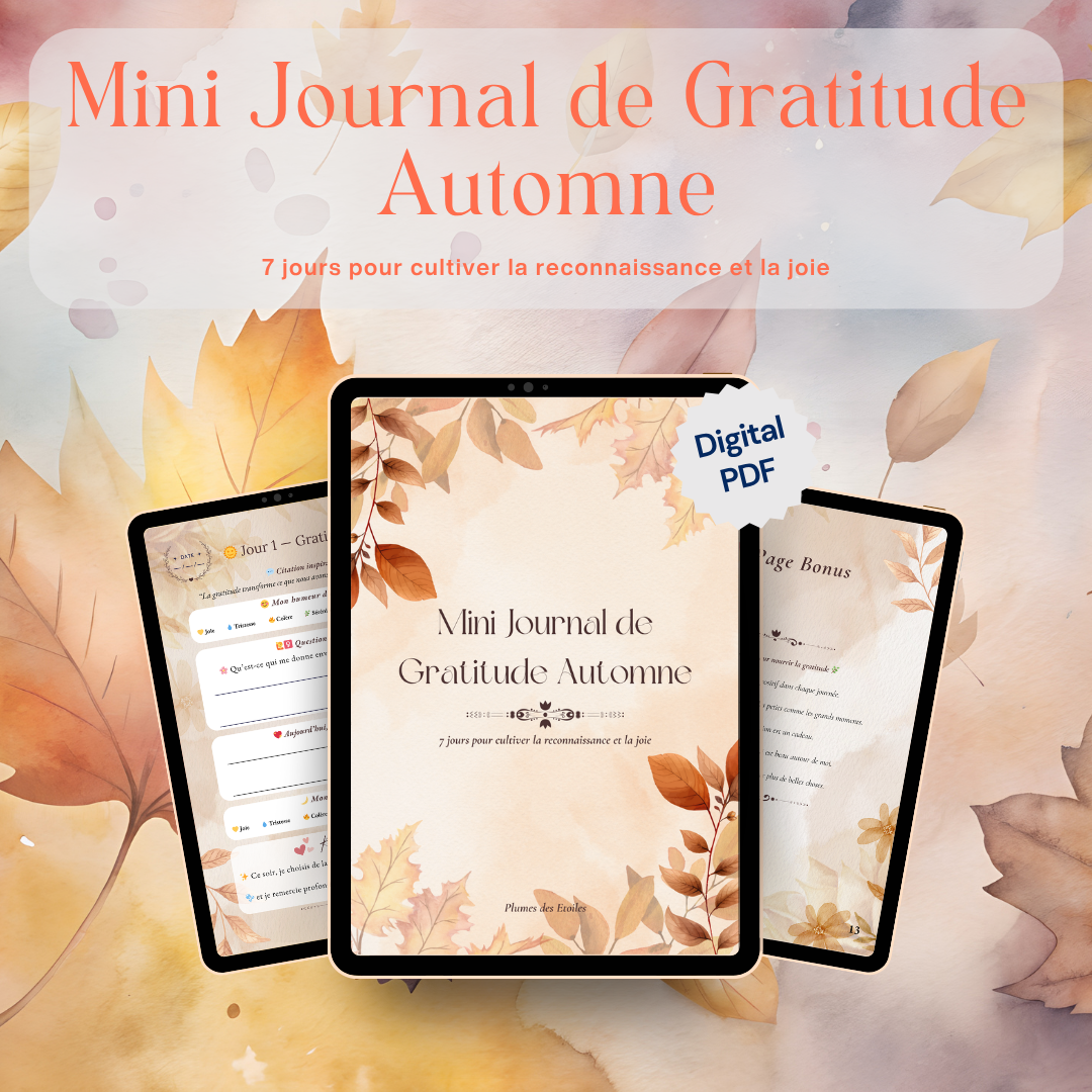 Mini journal automnal pour cultiver la gratitude en 7 jours. Pages illustrées, suivi émotionnel & affirmations. Idéal pour débutants. Téléchargement instantané.