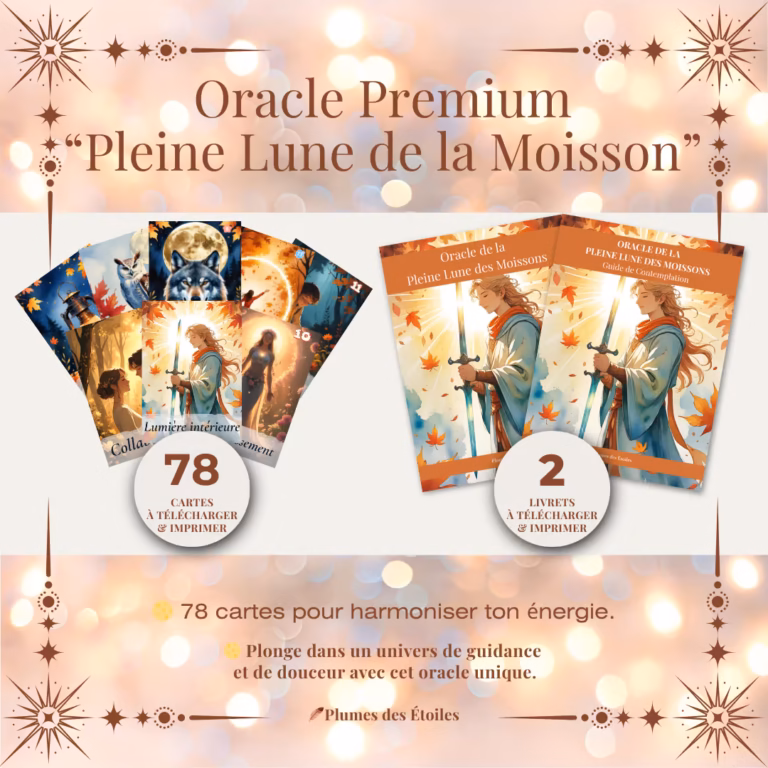 🌕 Oracle digital complet — 78 cartes illustrées + 2 livrets (176 + 95 pages). Guidance spirituelle, affirmations & rituels lunaires. À imprimer et découper. Téléchargement instantané.