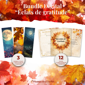 ✨ Bundle digital pour cultiver la gratitude — Mini Journal A5 + 3 marque-pages automnaux. Idéal pour débutants, lecteurs et amoureux de papeterie poétique. Téléchargement instantané.