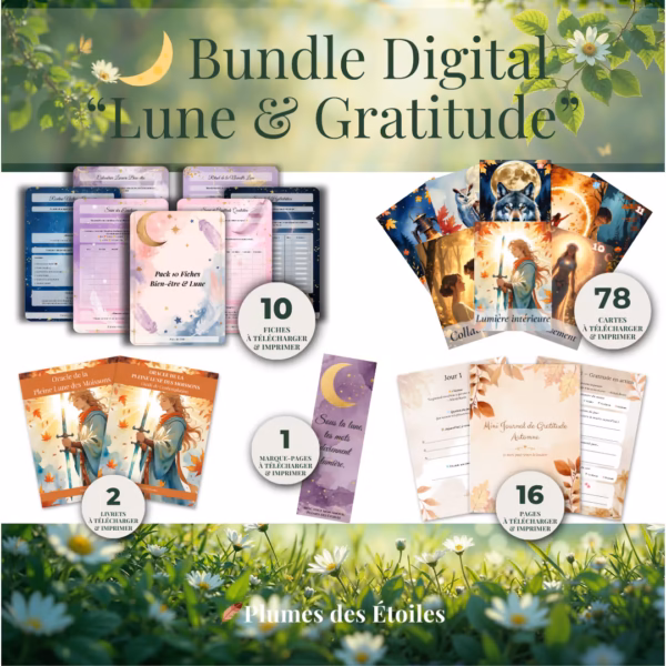 🌙 Bundle complet — Oracle 78 cartes + Mini Journal Gratitude + 10 Fiches Bien-être + Marque-page offert. Rituels lunaires, gratitude quotidienne & bien-être. -19% vs prix séparé. Téléchargement instantané.