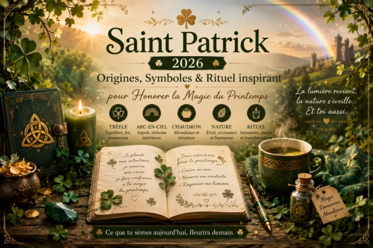 Découvre les origines sacrées de la Saint Patrick, ses symboles cachés et un rituel doux pour honorer le réveil du printemps. Idéal pour les âmes sensibles et créatives.